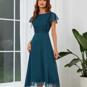 Teal U-Neck Chiffon Dress with Short Sleeve
